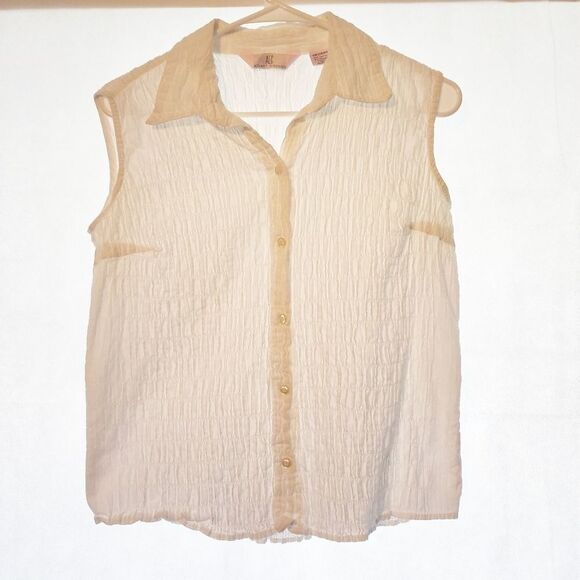 White Sleeveless Crinkle button-up Shirt Sz M - Picture 1 of 4